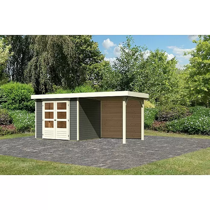 Karibu Gartenhaus Askola 3 - Außenmaß inkl. Dachüberstand (B x T): 491 x 238 cm, Holz, Terragrau, Mit Seitendach und Rückwand - Gartenhaus mit integriertem Carport, dunkelgrau mit hellen Holzdetails, auf Pflastersteinen.
