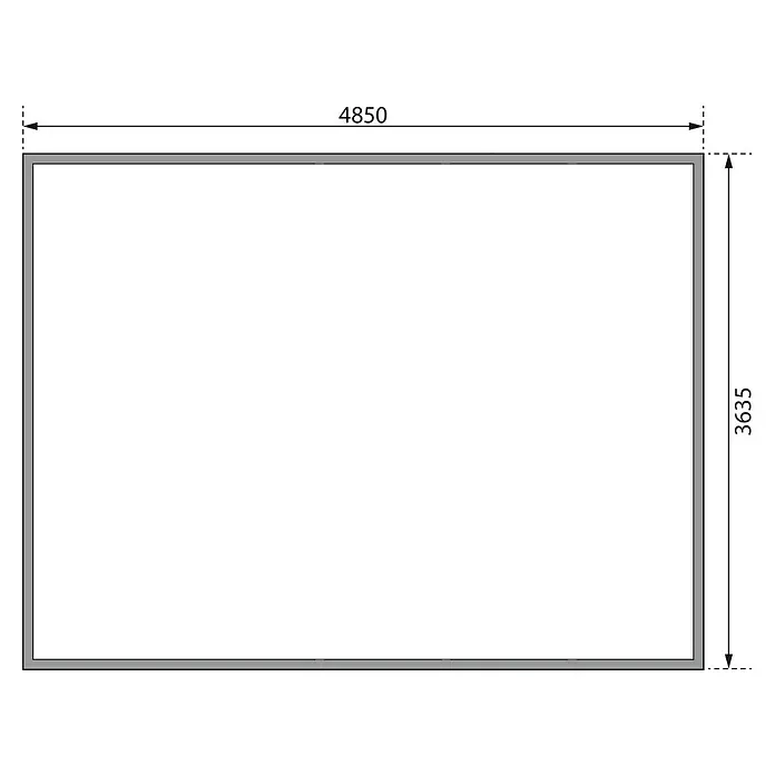 Karibu Gartenhaus Radeburg 4 - Außenmaß inkl. Dachüberstand (B x T): 528 x 393 cm, Holz, Natur - Rechteckige Skizze mit den Maßen 4850 x 3635, die die Länge und Breite des Produkts für eine einfache Größenbestimmung hervorhebt.