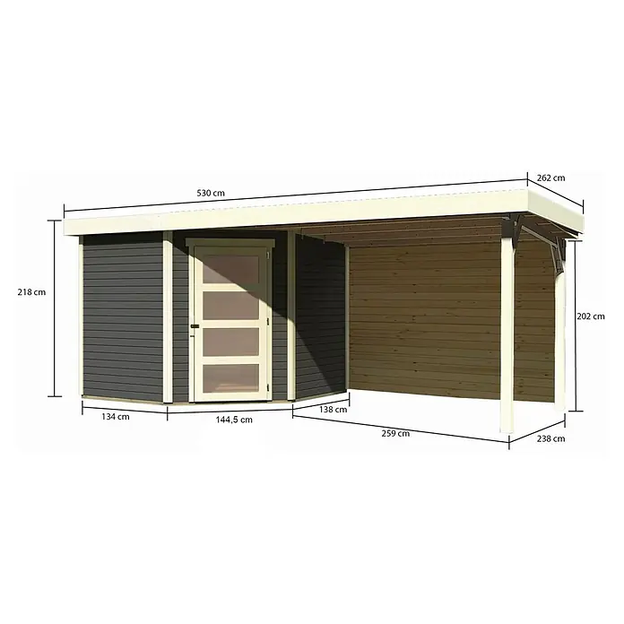 Karibu Gartenhaus Schwandorf 5 - Außenmaß inkl. Dachüberstand (B x T): 529,5 x 262 cm, Holz, Terragrau, Mit Seitendach und Rückwand - Abbildung eines Gartenhauses mit Überdachung und Größenangaben in Zentimetern.