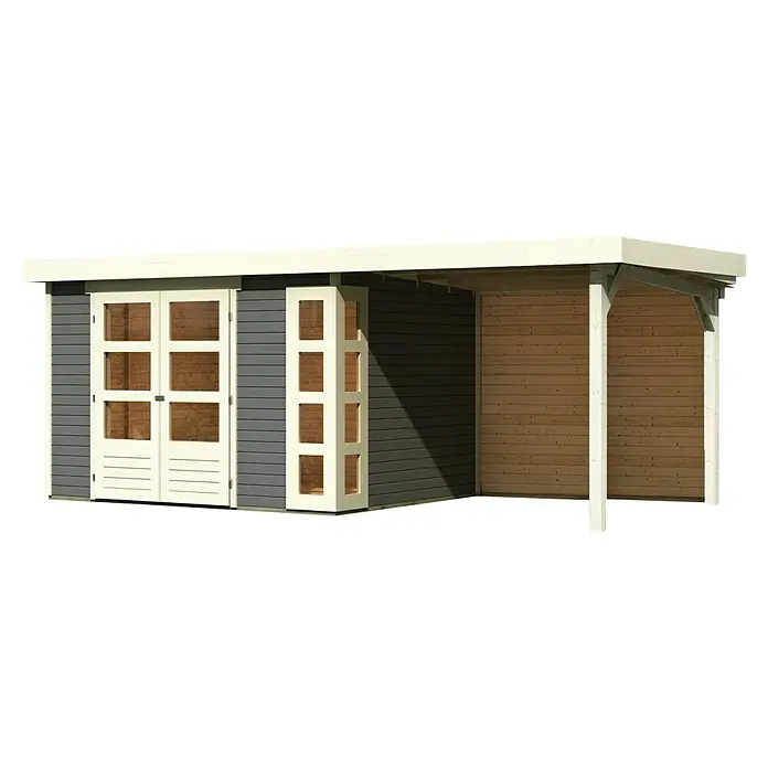 Karibu Gartenhaus Kerko 5 - Außenmaß inkl. Dachüberstand (B x T): 554 x 262 cm, Holz, Terragrau, Mit Seitendach und Rückwand - Modernes Gartenhaus mit Flachdach und überdachter Terrasse. Das Haus hat graue Wände, weiße Fensterrahmen und eine weiße Dacheinfassung.