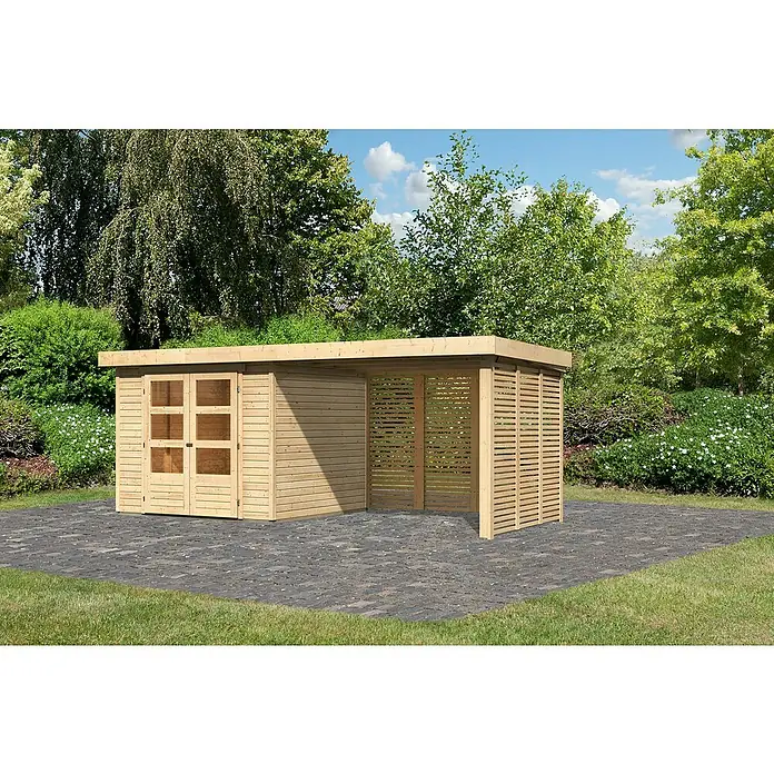 Karibu Gartenhaus Askola 3,5 - Außenmaß inkl. Dachüberstand (B x T): 528,5 x 262 cm, Holz, Natur, Mit Seitendach, Rück- und Seitenwand - Ein modernes Holzgartenhaus mit Doppeltür und Lamellenwand. Ideal für Gartenliebhaber, die Wert auf Design und Funktionalität legen.