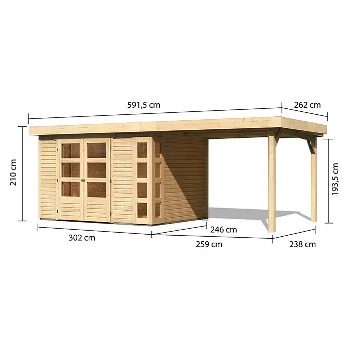 Karibu Gartenhaus Kerko 5 - Außenmaß inkl. Dachüberstand (B x T): 591,5 x 262 cm, Holz, Natur, Mit Seitendach - Abbildung eines Gartenhauses mit einer Gesamtbreite von 591,5 cm, einer Höhe von 210 cm und einem Carport auf der rechten Seite.