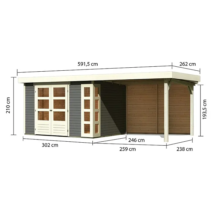 Karibu Gartenhaus Kerko 5 - Außenmaß inkl. Dachüberstand (B x T): 591,5 x 262 cm, Holz, Terragrau, Mit Seitendach und Rückwand - Abbildung eines Holzgartenhauses mit den Maßangaben zu Höhe, Breite und Tiefe für eine detaillierte Produktansicht.