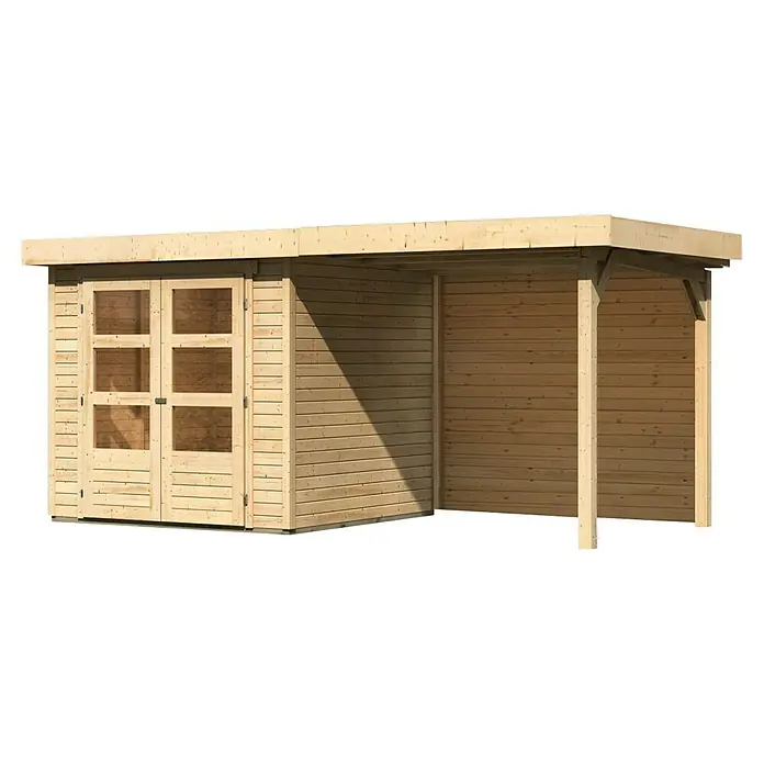 Karibu Gartenhaus Askola 2 - Außenmaß inkl. Dachüberstand (B x T): 467 x 238 cm, Holz, Natur, Mit Seitendach & Rückwand - Abgebildet ist ein Holzgartenhaus mit Doppeltür und einem angrenzenden überdachten Bereich, ideal für den Garten oder als Lagerraum.