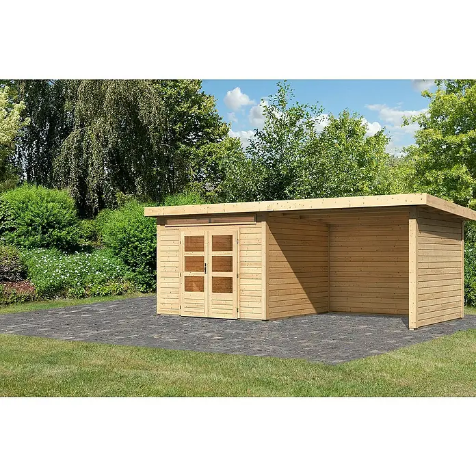 Karibu Gartenhaus Kandern 6 - Außenmaß inkl. Dachüberstand (B x T): 612 x 303 cm, Holz, Natur, Mit Seitendach, Rück- und Seitenwand - Ein modernes Holzgartenhaus mit Doppeltür und offenem Anbau, ideal für die Lagerung von Gartengeräten und als Unterstand im Freien.
