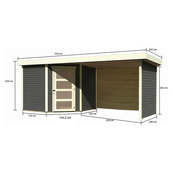 Karibu Gartenhaus Schwandorf 5 - Außenmaß inkl. Dachüberstand (B x T): 529,5 x 262 cm, Holz, Terragrau, Mit Seitendach, Rück- und Seitenwand - Abbildung eines Gartenhauses mit den Maßangaben zur besseren Vorstellung.
