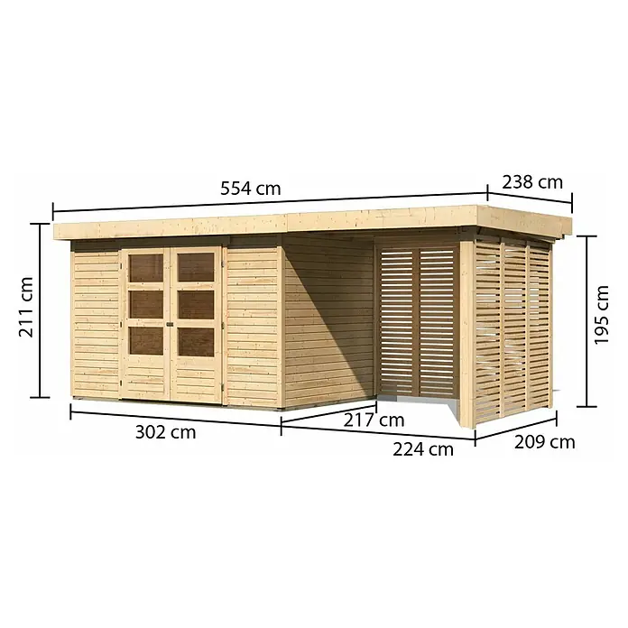 Karibu Gartenhaus Askola 4 - Außenmaß inkl. Dachüberstand (B x T): 554 x 238 cm, Holz, Natur, Mit Seitendach, Rück- und Seitenwand - Abbildung einer Holzgartenlaube mit den Abmessungen 554 x 238 x 211 cm und einem Anbau von 217 x 209 x 195 cm.