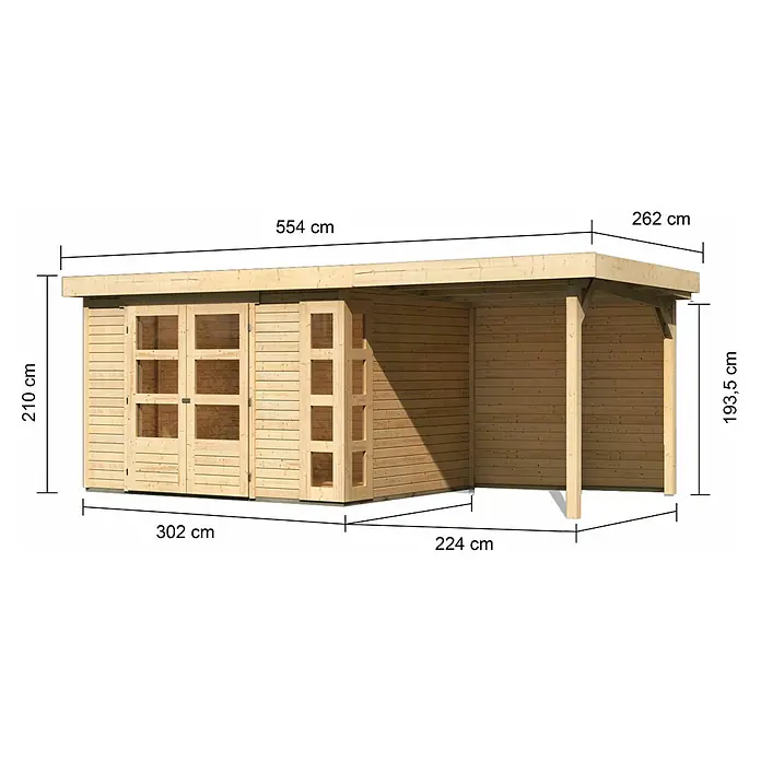 Karibu Gartenhaus Kerko 5 - Außenmaß inkl. Dachüberstand (B x T): 554 x 262 cm, Holz, Natur, Mit Seitendach und Rückwand - Abbildung eines Holzgartenhauses mit Anbau, inklusive Maßangaben zur Orientierung.
