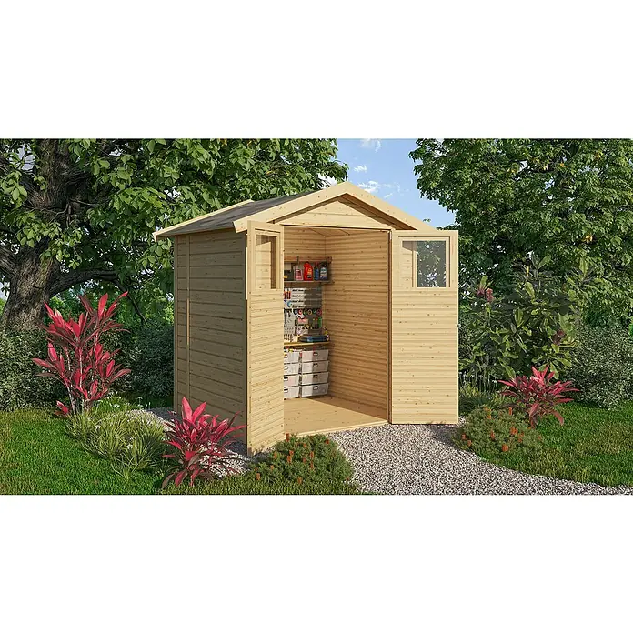 Karibu Gartenhaus Dahme - Außenmaß inkl. Dachüberstand (B x T): 207 x 178 cm, Holz, Natur - Ein Holzschuppen mit geöffneten Türen, der Regale und Aufbewahrungsbehälter zeigt. Der Schuppen steht in einem Garten mit Bäumen und Pflanzen.