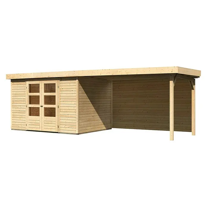 Karibu Gartenhaus Askola 5 - Außenmaß inkl. Dachüberstand (B x T): 591,5 x 262 cm, Holz, Natur, Mit Seitendach und Rückwand - Helle Holzgartenlaube mit Doppeltür und überdachtem Bereich. Ideal für den Garten als Stauraum oder Unterstand.