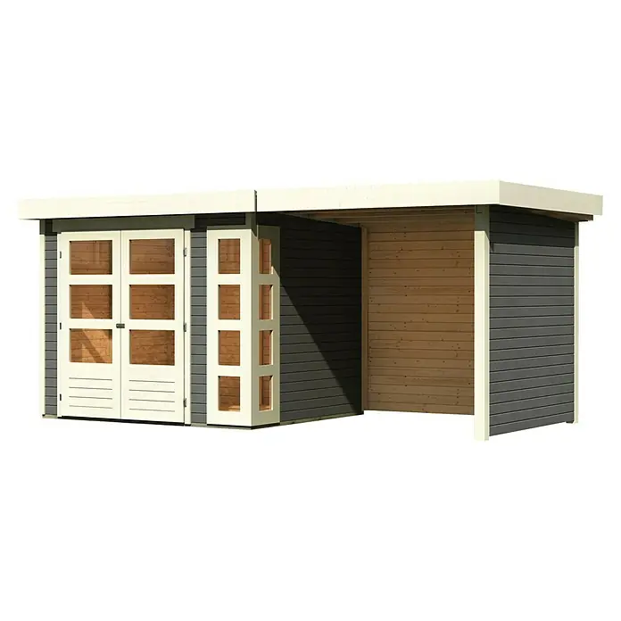 Karibu Gartenhaus Kerko 3 - Außenmaß inkl. Dachüberstand (B x T): 491 x 238 cm, Holz, Terragrau, Mit Seitendach, Rück- und Seitenwand - Ein modernes Gartenhaus mit Doppeltür und seitlichem Anbau, ideal für Gartenwerkzeug und als stilvoller Rückzugsort im Freien.