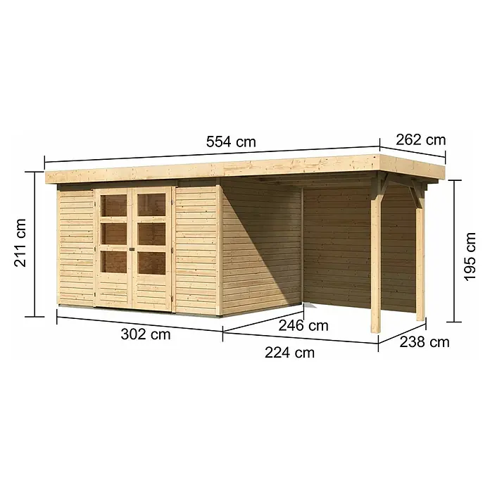 Karibu Gartenhaus Askola 5 - Außenmaß inkl. Dachüberstand (B x T): 554 x 262 cm, Holz, Natur, Mit Seitendach und Rückwand - Abbildung eines Gartenhauses mit den Abmessungen 554 cm Länge, 211 cm Höhe, 302 cm Breite des Hauses und 262 cm Tiefe des Vordachs.