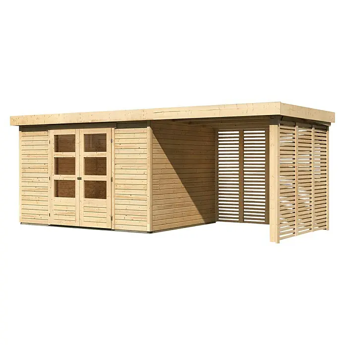 Karibu Gartenhaus Askola 5 - Außenmaß inkl. Dachüberstand (B x T): 554 x 262 cm, Holz, Natur, Mit Seitendach, Rück- und Seitenlamellenwand - Ansicht eines modernen Holzgartenhauses mit Doppeltür und angebautem Unterstand mit Holzlamellenwand.