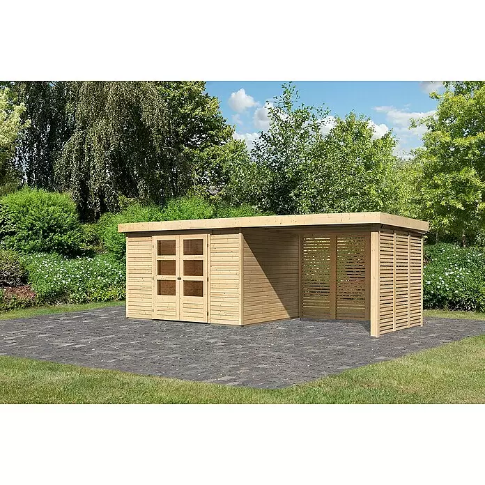 Karibu Gartenhaus Askola 5 - Außenmaß inkl. Dachüberstand (B x T): 591,5 x 262 cm, Holz, Natur, Mit Seitendach, Rück- und Seitenlamellenwand - Stimmungsaufnahme