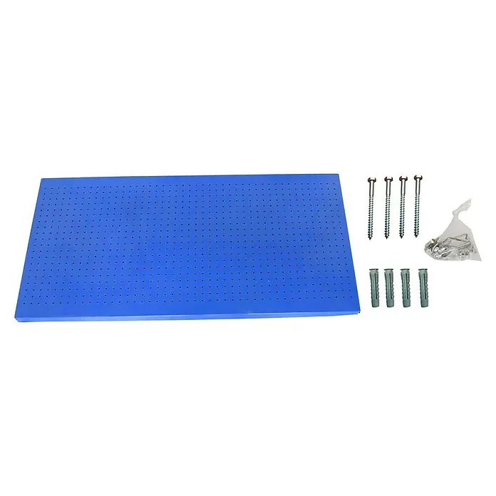 Simonrack Panelclick Panel perforado con 8 ganchos - An x L: 40 x 150 cm, Azul - Un tablero perforado azul con accesorios como tornillos, tacos y ganchos ideal para la organización del taller.