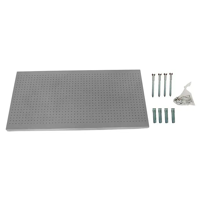 Simonrack Panelclick Lochwand - L x B: 120 x 60 cm - Dieses Bild zeigt eine Lochplatte mit Zubehör, darunter Schrauben, Dübel und Haken, ideal für Werkstatt oder Hobbyraum.