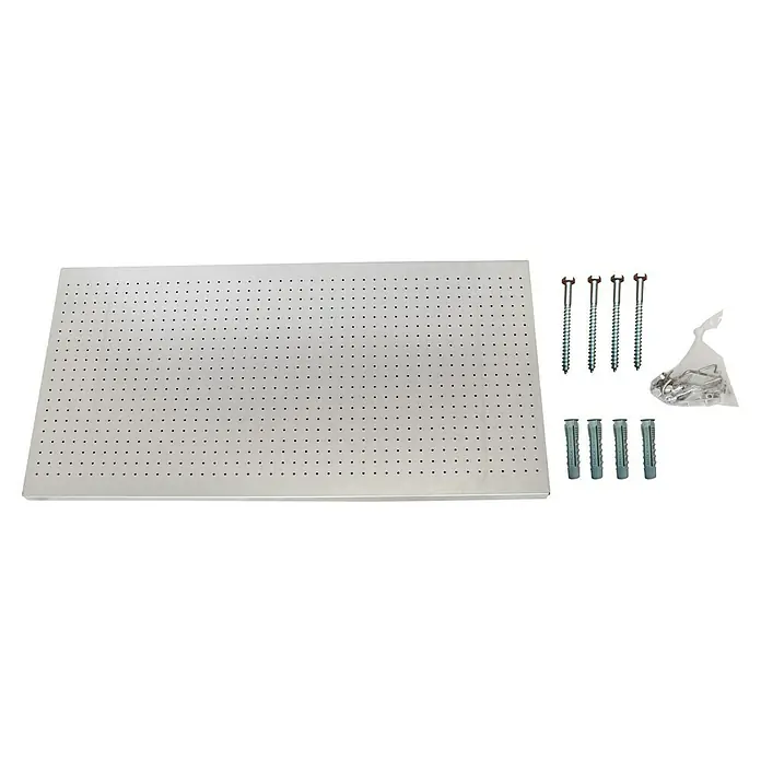 Simonrack Panelclick Lochwand-SetB x L: 60 x 90 cm, 9 -tlg., Verzinkt - Ansicht einer Lochplatte aus Metall mit Schrauben und Dübeln. Die Werkbank-Lochplatte ist ideal für die Werkstatt und Garage.