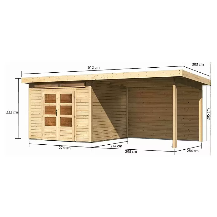 Karibu Gartenhaus Kandern 6 - Außenmaß inkl. Dachüberstand (B x T): 612 x 303 cm, Holz, Natur, Mit Seitendach und Rückwand - Skizze