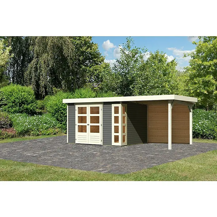 Karibu Gartenhaus Kerko 5 - Außenmaß inkl. Dachüberstand (B x T): 554 x 262 cm, Holz, Terragrau, Mit Seitendach und Rückwand - Modernes Gartenhaus mit Carport-Anbau. Das Holzhaus bietet Stauraum und der Unterstand schützt vor Wind und Wetter.