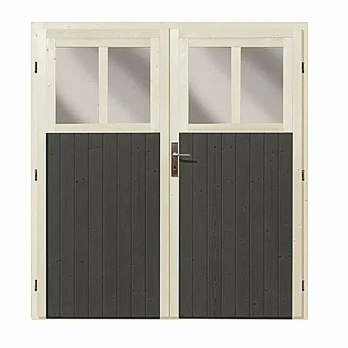 Karibu Gartenhaus Wandlitz 5Außenmaß inkl. Dachüberstand (B x T): 200 x 496 cm, Holz, Terragrau - Doppeltür mit Fenstern und grauem Holzpaneel. Die Tür ist aus hellem Holz gefertigt und hat einen Griff in der Mitte.