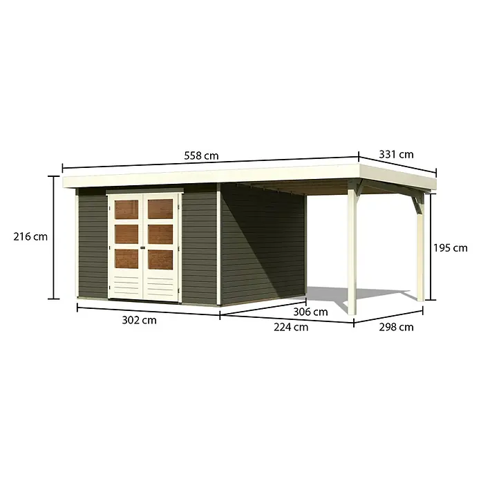 Karibu Gartenhaus Askola 6 - Außenmaß inkl. Dachüberstand (B x T): 558 x 331 cm, Holz, Terragrau, Mit Seitendach - Abbildung eines Gartenhauses mit den Maßangaben 216 cm Höhe, 558 cm Breite, 331 cm Tiefe, 302 cm Länge und 195 cm Pfostenhöhe.