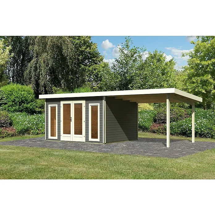 Karibu Gartenhaus Radeburg 2 - Außenmaß inkl. Dachüberstand (B x T): 724 x 331,5 cm, Holz, Terragrau, Mit Seitendach - Modernes Gartenhaus mit überdachtem Carport-Bereich. Die Konstruktion bietet zusätzlichen Schutz und Stauraum im Freien.