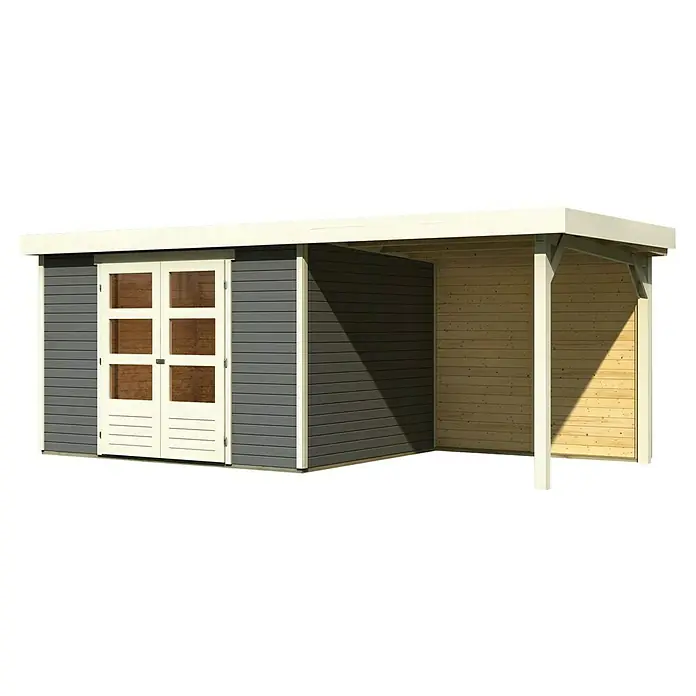Karibu Gartenhaus Askola 5 - Außenmaß inkl. Dachüberstand (B x T): 554 x 262 cm, Holz, Terragrau, Mit Seitendach und Rückwand - Geräumiges Gartenhaus mit Doppeltür und überdachtem Bereich, ideal für die Aufbewahrung von Gartengeräten und als wettergeschützter Unterstand.