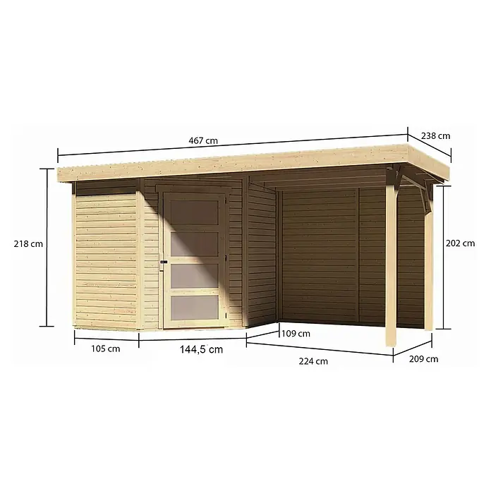 Karibu Gartenhaus Schwandorf 3 - Außenmaß inkl. Dachüberstand (B x T): 467 x 238 cm, Holz, Natur, Mit Seitendach und Rückwand - Abbildung eines Holzgartenhauses mit den Maßangaben in Zentimetern.