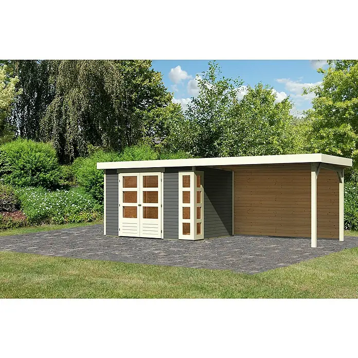 Karibu Gartenhaus Kerko 4 - Außenmaß inkl. Dachüberstand (B x T): 609 x 238 cm, Holz, Terragrau, Mit Seitendach und Rückwand - Abbildung eines Gartenhauses mit Holztüren und einem überdachten Bereich, ideal für die Aufbewahrung von Gartengeräten oder als Unterstand.