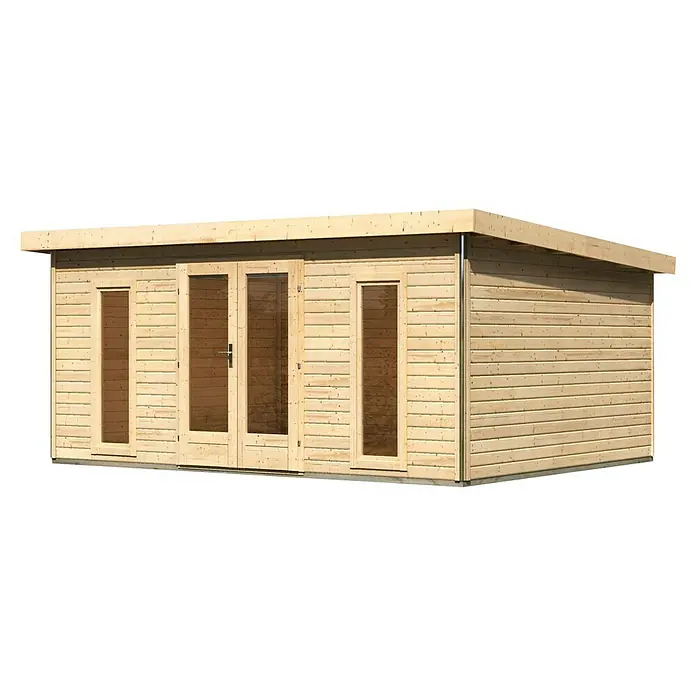 Karibu Gartenhaus Radeburg 4 - Außenmaß inkl. Dachüberstand (B x T): 528 x 393 cm, Holz, Natur - Das Bild zeigt ein modernes Gartenhaus aus Holz mit Doppeltür und Fenstern, ideal als stilvoller Rückzugsort im Garten oder als Büro.