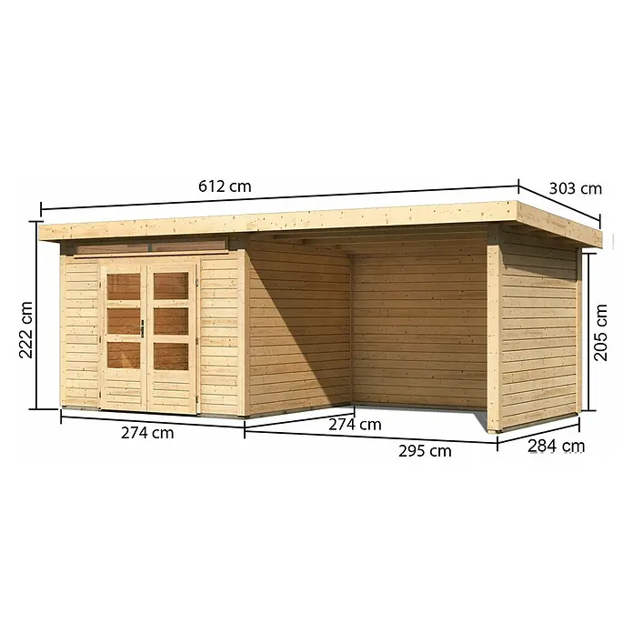 Karibu Gartenhaus Kandern 6 - Außenmaß inkl. Dachüberstand (B x T): 612 x 303 cm, Holz, Natur, Mit Seitendach, Rück- und Seitenwand - Abbildung einer Holzgartenlaube mit Größenangaben, die die Abmessungen und Details der Struktur hervorheben.