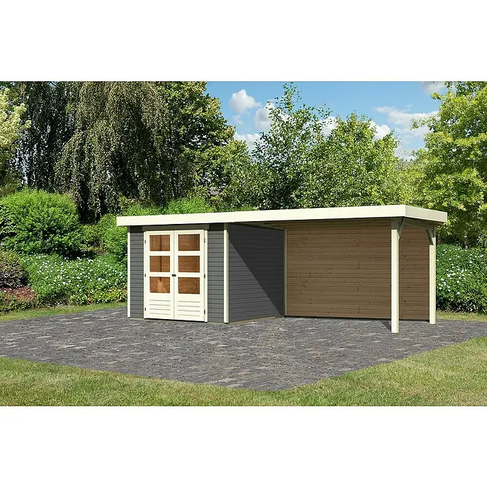 Karibu Gartenhaus Askola 3,5 - Außenmaß inkl. Dachüberstand (B x T): 528,5 x 262 cm, Holz, Terragrau, Mit Seitendach und Rückwand - Das moderne Gartenhaus mit integriertem Carport bietet Stauraum und Schutz. Ideal für Gartenwerkzeug und als Unterstand für Fahrräder.