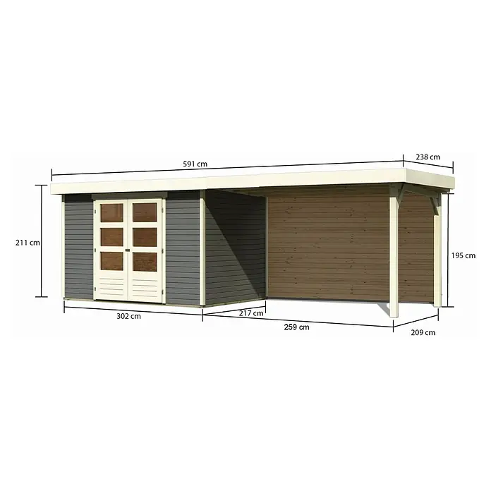 Karibu Gartenhaus Askola 4 - Außenmaß inkl. Dachüberstand (B x T): 591,5 x 238 cm, Holz, Terragrau, Mit Seitendach und Rückwand - Abbildung eines Gartenhauses mit den Maßangaben zu Höhe, Breite und Tiefe des Hauses und des Vordachs.