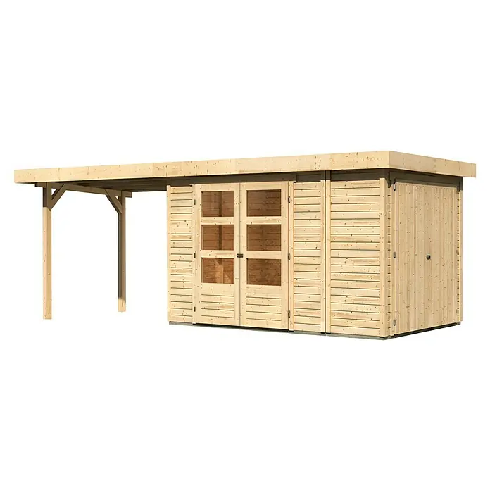 Karibu Gartenhaus Retola 3 - Außenmaß inkl. Dachüberstand (B x T): 603,5 x 238 cm, Holz, Natur - Ein modernes Holzgartenhaus mit Überdachung, das als stilvolle Ergänzung für jeden Garten dient und zusätzlichen Stauraum bietet.