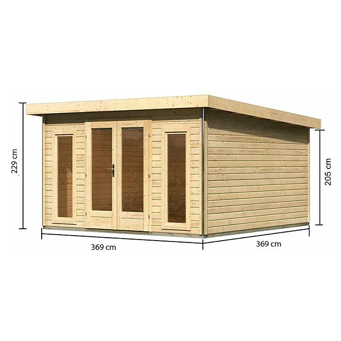 Karibu Gartenhaus Radeburg 3 - Außenmaß inkl. Dachüberstand (B x T): 406 x 393 cm, Holz, Natur - Bild eines Holzgartenhauses mit Abmessungen, die seine Struktur und sein Design hervorheben.