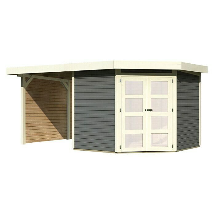 Karibu Gartenhaus Goldendorf 5 (Außenmaß inkl. Dachüberstand (B x T): 492,5 x 262 cm, Holz, Terragrau, Mit Seitendach, Rück- und Seitenwand)