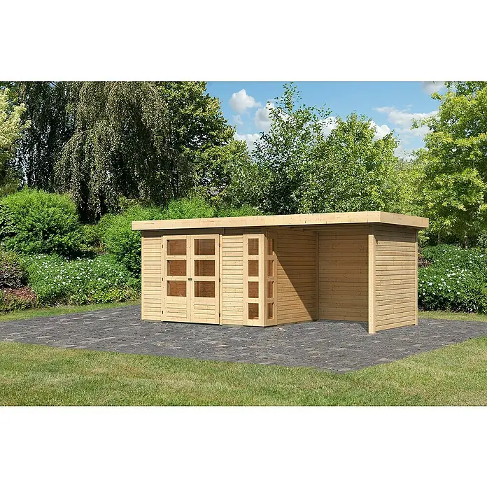 Karibu Gartenhaus Kerko 4 - Außenmaß inkl. Dachüberstand (B x T): 554 x 238 cm, Holz, Natur, Mit Seitendach, Rück- und Seitenwand - Das geräumige Holzgartenhaus mit Doppeltüren und seitlichem Unterstand bietet viel Platz für Gartengeräte und mehr.