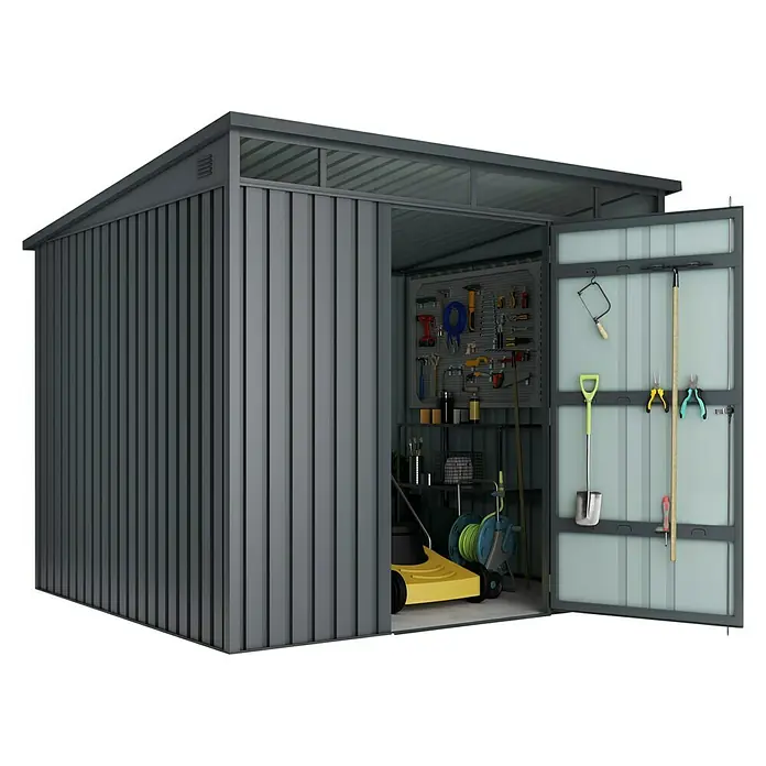 Hoggar Caseta de jardín Allister 5.5 - Medidas ext. (An x Pr): 237 x 226 cm, Antracita, Metal, Área: 5,5 m² - Espacioso cobertizo de herramientas metálico con puertas abiertas, lleno de herramientas y equipo de jardín para un almacenamiento ordenado.