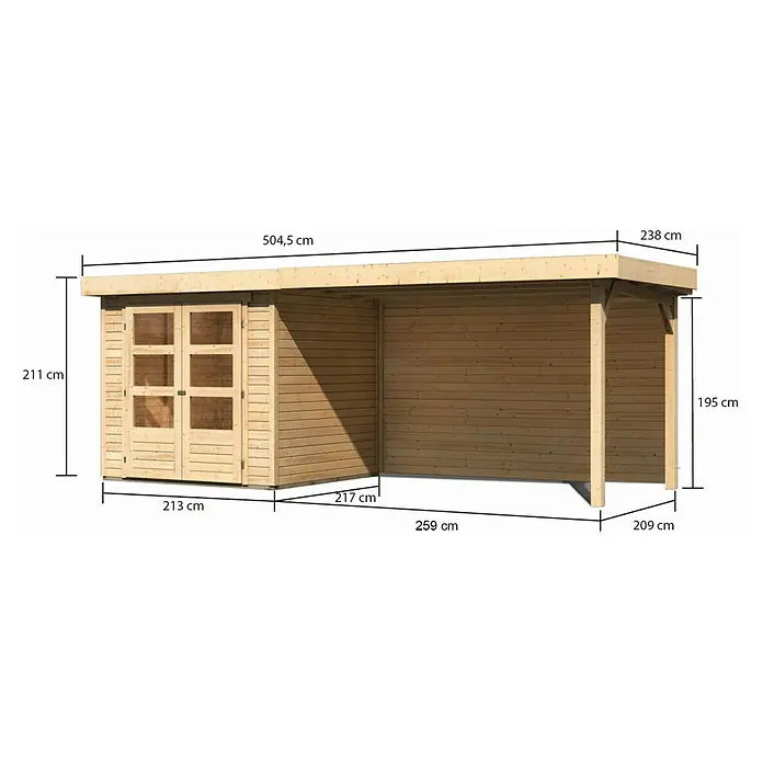 Karibu Gartenhaus Askola 2 - Außenmaß inkl. Dachüberstand (B x T): 504,5 x 238 cm, Holz, Natur, Mit Seitendach & Rückwand - Ansicht eines Holzgartenhauses mit den Maßen 504,5 cm Länge, 211 cm Höhe und 259 cm Breite.