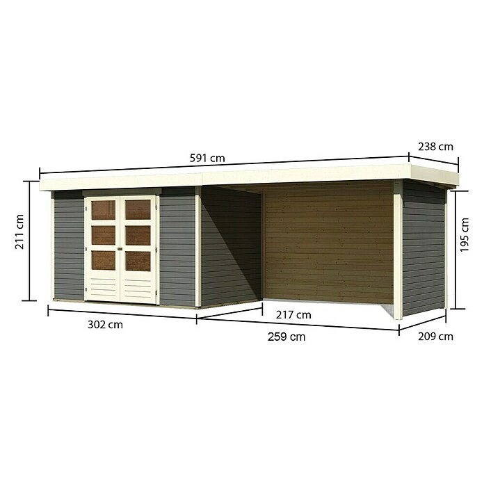 Karibu Gartenhaus Askola 4 (Außenmaß inkl. Dachüberstand (B x T): 591,5 x 238 cm, Holz, Terragrau, Mit Seitendach, Rück- und Seitenwand) | BAUHAUS