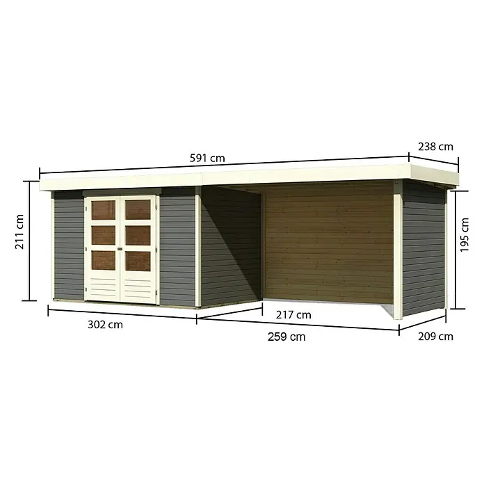 Karibu Gartenhaus Askola 4 - Außenmaß inkl. Dachüberstand (B x T): 591,5 x 238 cm, Holz, Terragrau, Mit Seitendach, Rück- und Seitenwand - Ansicht eines Gartenhauses mit Vordach und Größenangaben in Zentimetern, die die Abmessungen des Produkts zeigen.