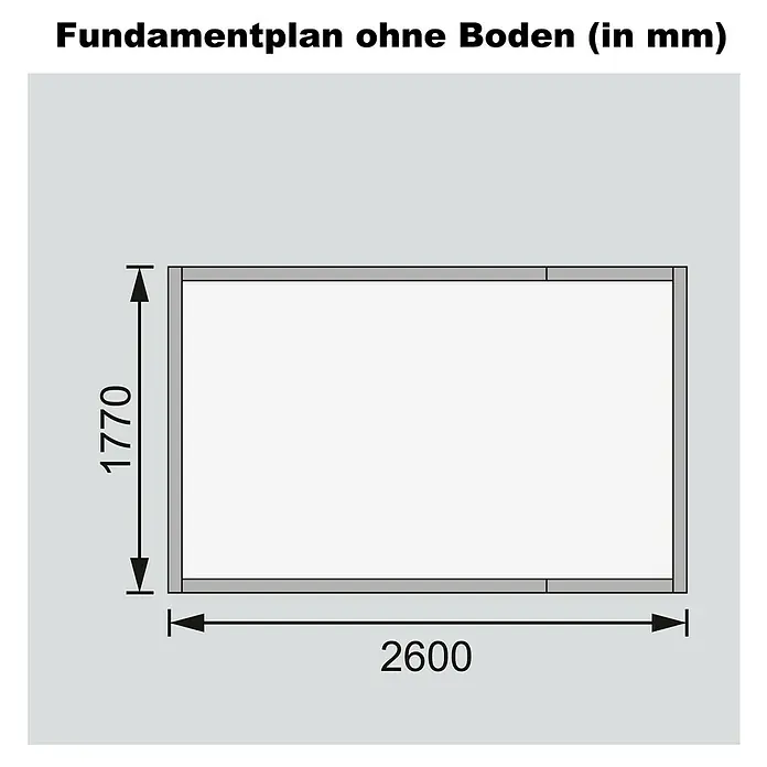 Karibu Marktstand - Außenmaß inkl. Dachüberstand (B x T): 290 x 216 cm, Holz, Natur - Fundamentplan ohne Boden mit Maßen 2600 mm und 1770 mm, ideal für die Planung und den Bau von Gartenhäusern oder ähnlichen Strukturen.