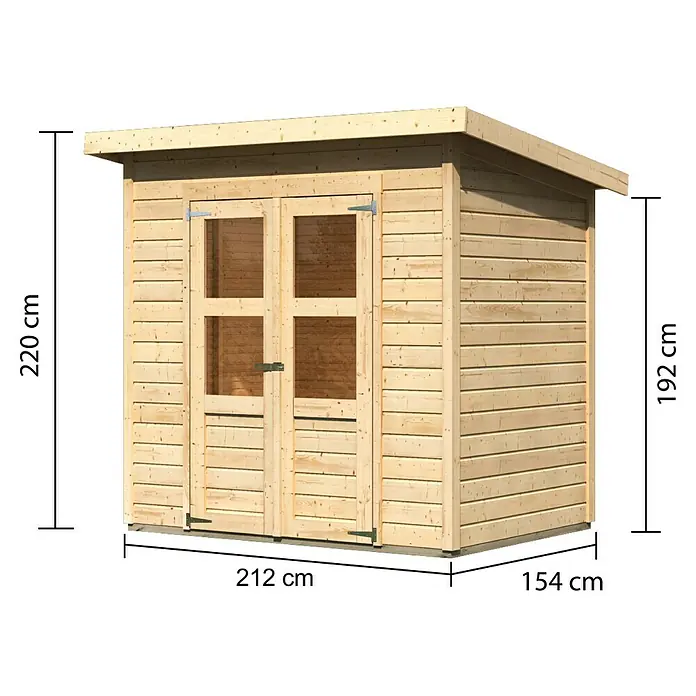 Karibu Gartenhaus Merseburg 3 - Außenmaß inkl. Dachüberstand (B x T): 240 x 175 cm, Holz, Natur, Ohne Seitendach - Abbildung eines Holzgartenhauses mit Maßangaben. Die Maße sind: 220 cm Höhe, 212 cm Breite und 154 cm Tiefe. Das Haus verfügt über Doppeltüren.