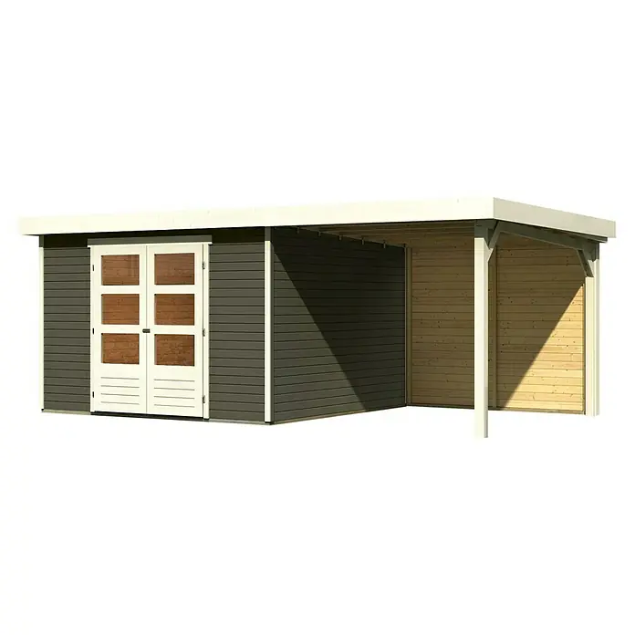 Karibu Gartenhaus Askola 6 - Außenmaß inkl. Dachüberstand (B x T): 558 x 331 cm, Holz, Terragrau, Mit Seitendach und Rückwand - Das Bild zeigt ein modernes Gartenhaus mit einem angrenzenden Carport. Das Haus hat graue Wände und weiße Türen, der Carport ist aus hellem Holz.