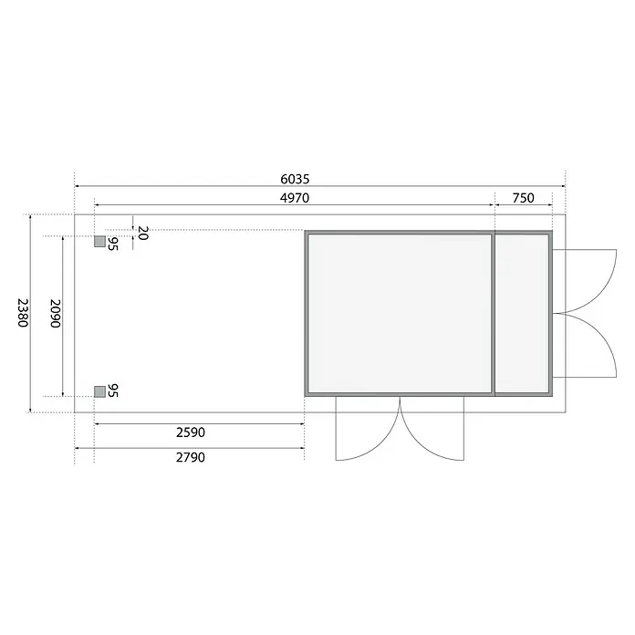 Karibu Gartenhaus Retola 3 - Außenmaß inkl. Dachüberstand (B x T): 603,5 x 238 cm, Holz, Natur - Detaillierter Bauplan eines Gartenhauses mit präzisen Maßangaben für eine einfache Montage und individuelle Anpassung des Bausatzes.