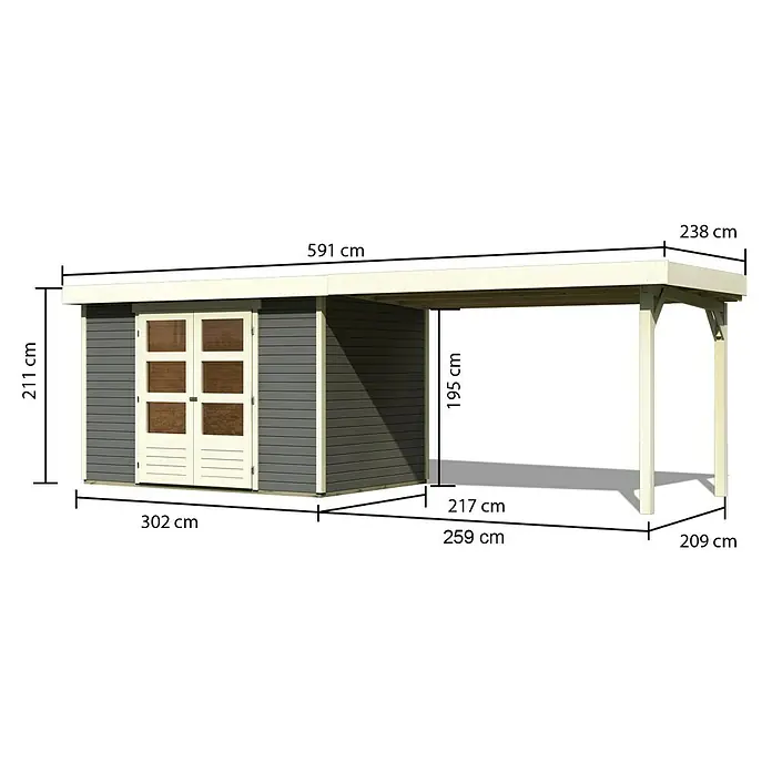 Karibu Gartenhaus Askola 4 - Außenmaß inkl. Dachüberstand (B x T): 591,5 x 238 cm, Holz, Terragrau, Mit Seitendach - Bild eines Gartenhauses mit Carport, das die Abmessungen des Produkts zeigt.