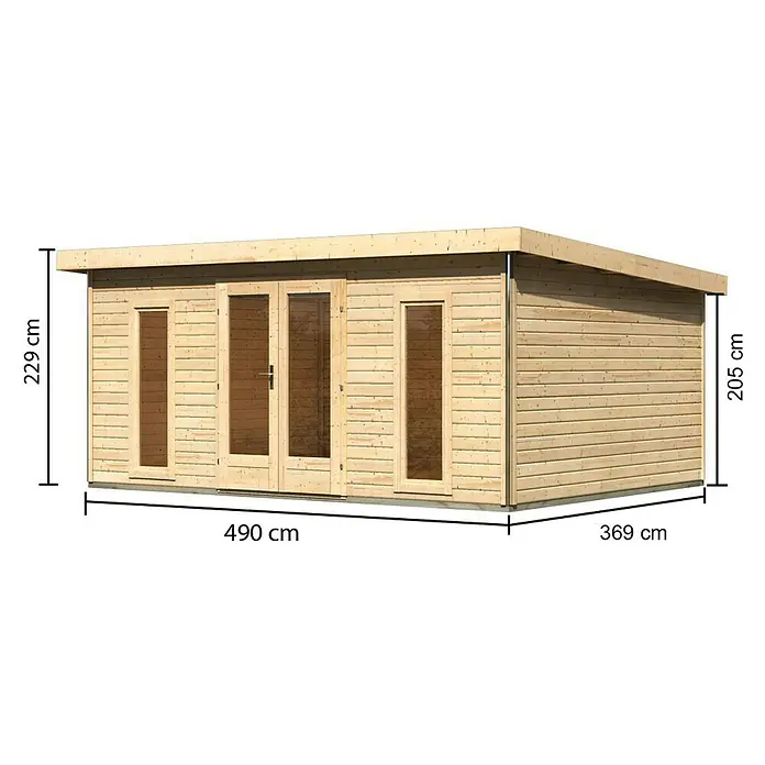 Karibu Gartenhaus Radeburg 4 - Außenmaß inkl. Dachüberstand (B x T): 528 x 393 cm, Holz, Natur - Abbildung eines Holzgartens mit den Maßen 490 cm x 369 cm und einer Höhe von 229 cm.