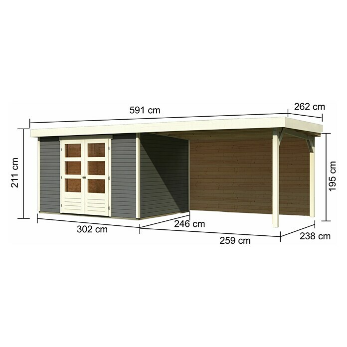 Karibu Gartenhaus Askola 5 (Außenmaß inkl. Dachüberstand (B x T): 591,5 x 262 cm, Holz, Terragrau, Mit Seitendach und Rückwand) | BAUHAUS