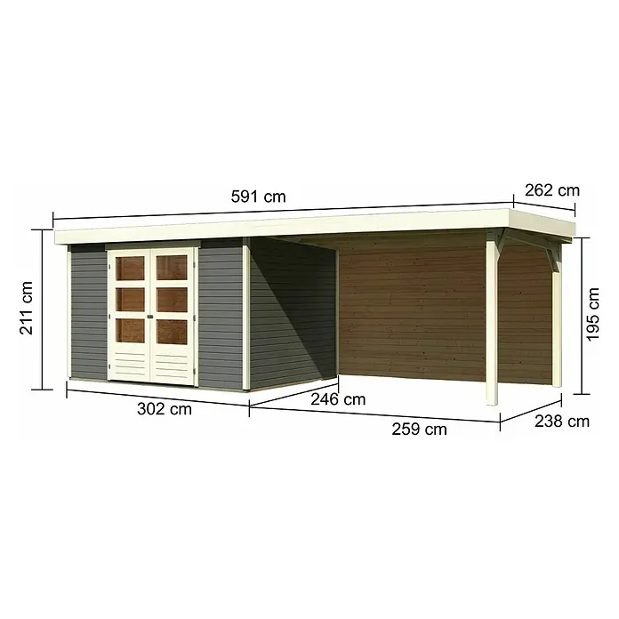 Karibu Gartenhaus Askola 5 - Außenmaß inkl. Dachüberstand (B x T): 591,5 x 262 cm, Holz, Terragrau, Mit Seitendach und Rückwand - Abbildung eines Gartenhauses mit den Maßen 591 x 259 cm, einer Höhe von 211 cm und einem Vordach von 262 x 238 cm.