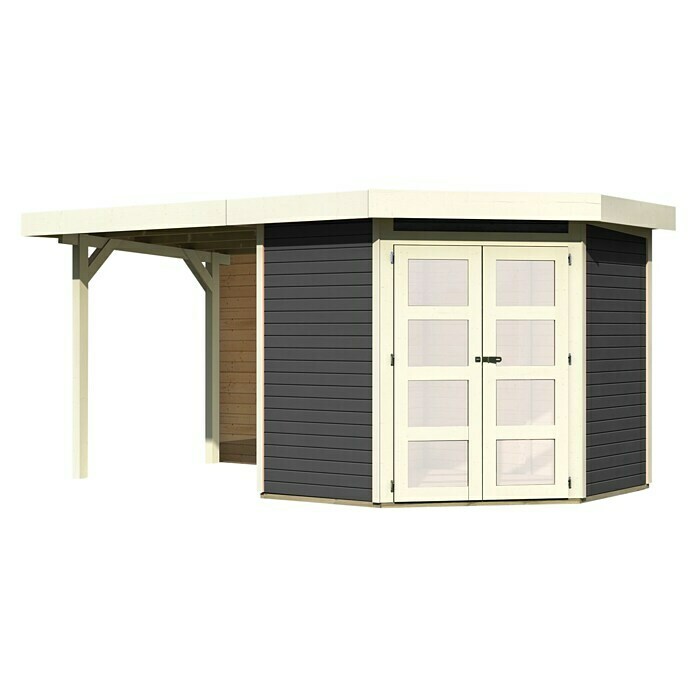 Karibu Gartenhaus Goldendorf 3 (Außenmaß inkl. Dachüberstand (B x T): 467 x 238 cm, Holz, Terragrau, Mit Seitendach und Rückwand)